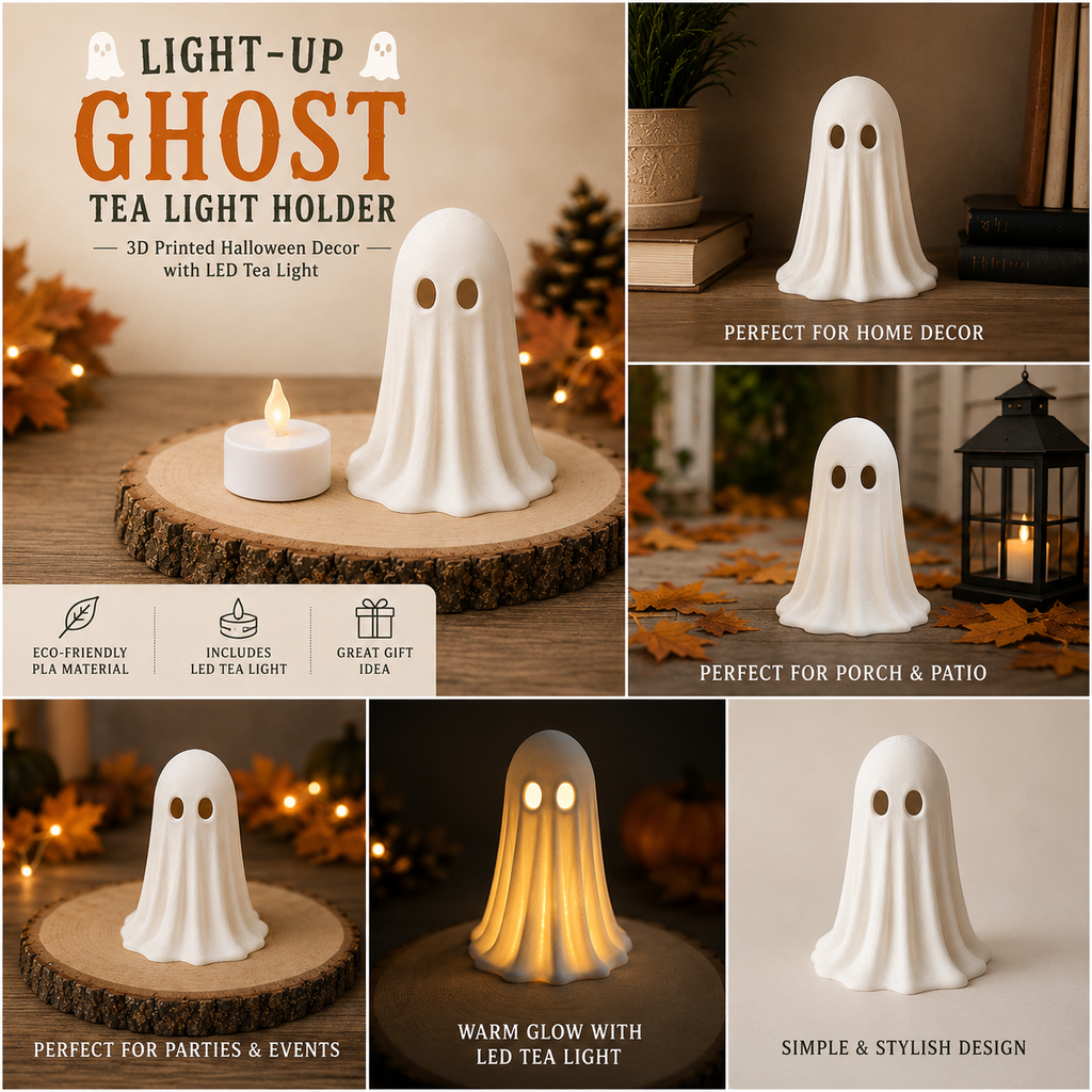Light-Up Ghost Tea Light Holder | 3D Printed Halloween Decor | LED Ghost Lantern | Spooky Home Decor | Halloween Gift